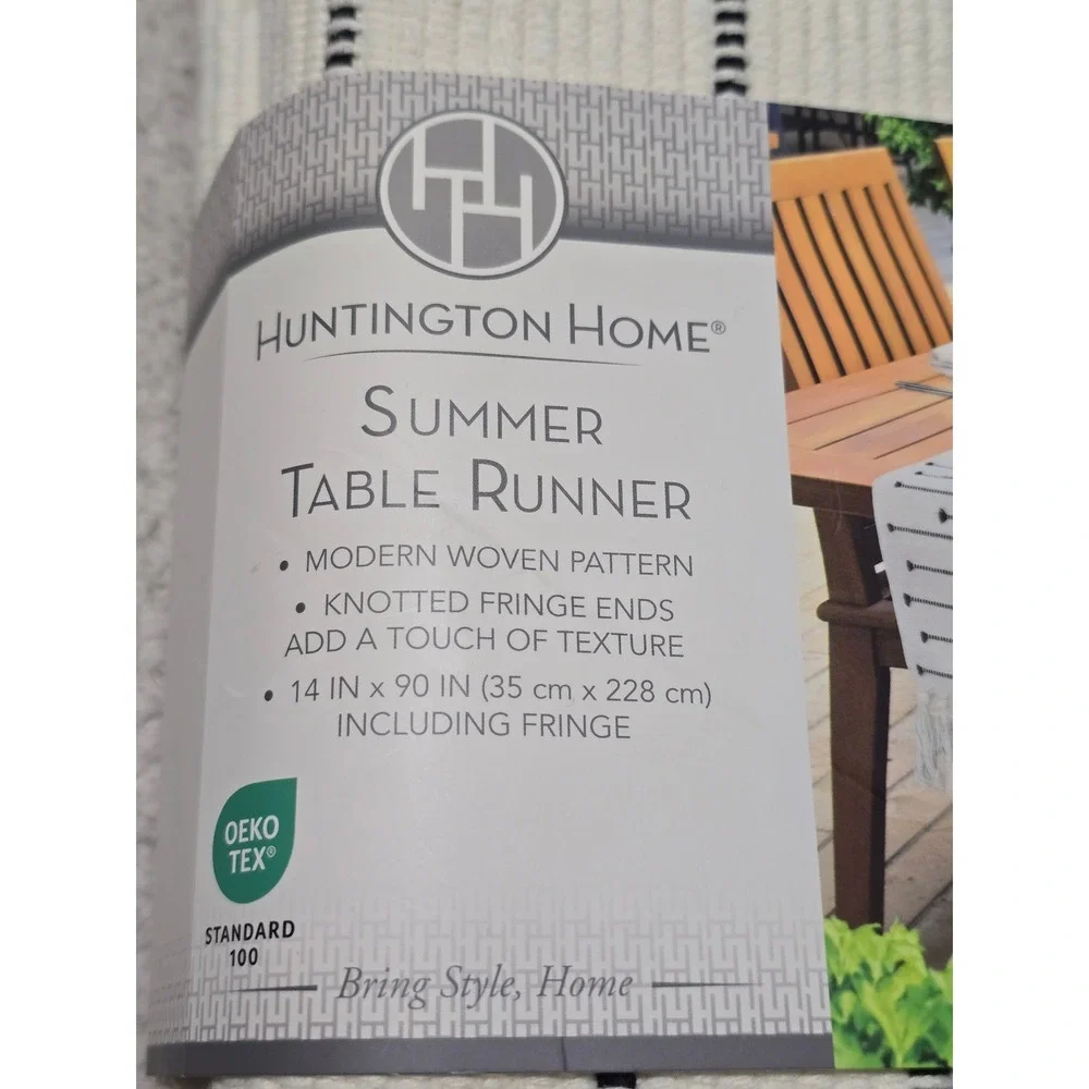 Huntington Home Summer Table Runner White Black Woven Fringe 14x90 Modern 709003